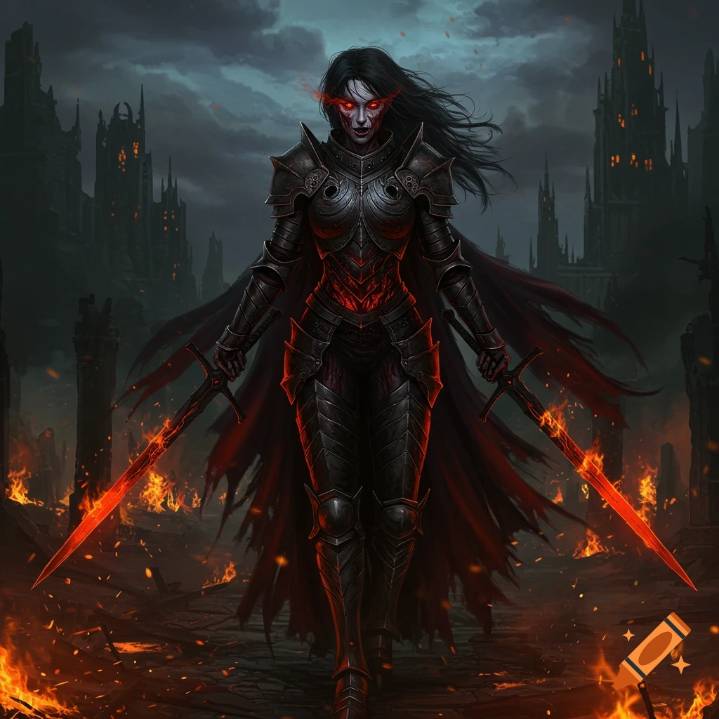 A dark fantasy female knight in black armor with glowing red eyes, holding two flaming swords, stands amidst a burning ruined castle.