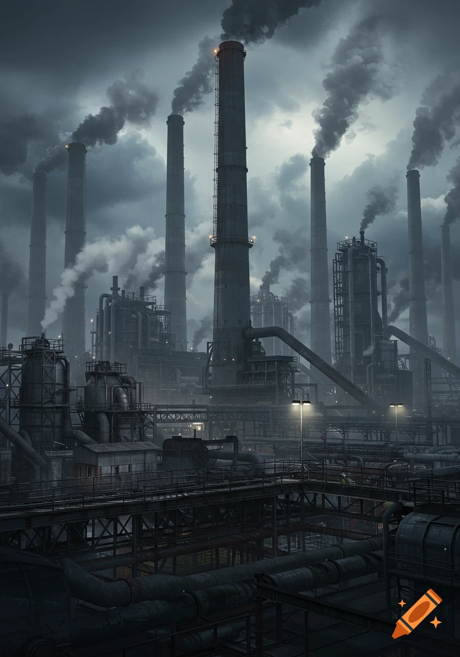 A dark, detailed view of a sprawling industrial factory with many tall smokestacks emitting thick smoke under a cloudy sky.