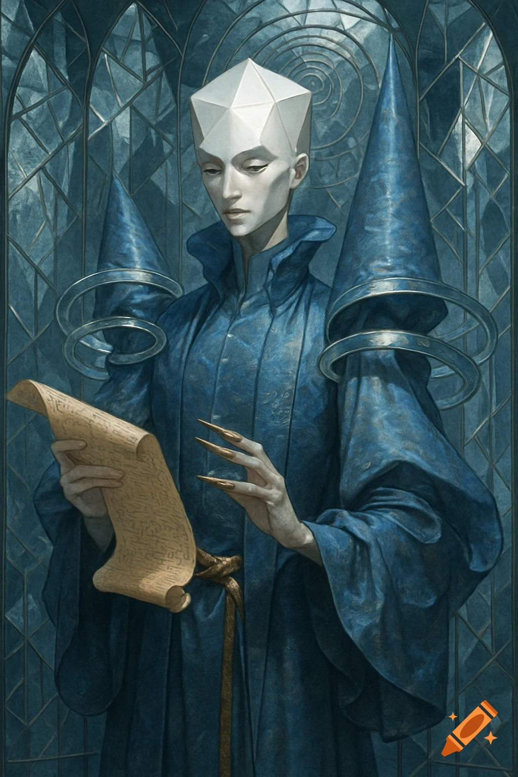 A humanoid figure with a geometric white headpiece and long gold nails wears a blue extravagant robe, holding a scroll, in a blue mirrored chamber.