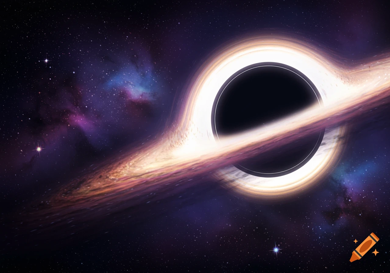 A black hole with a glowing accretion disk in deep space, surrounded by stars and colorful nebulae.