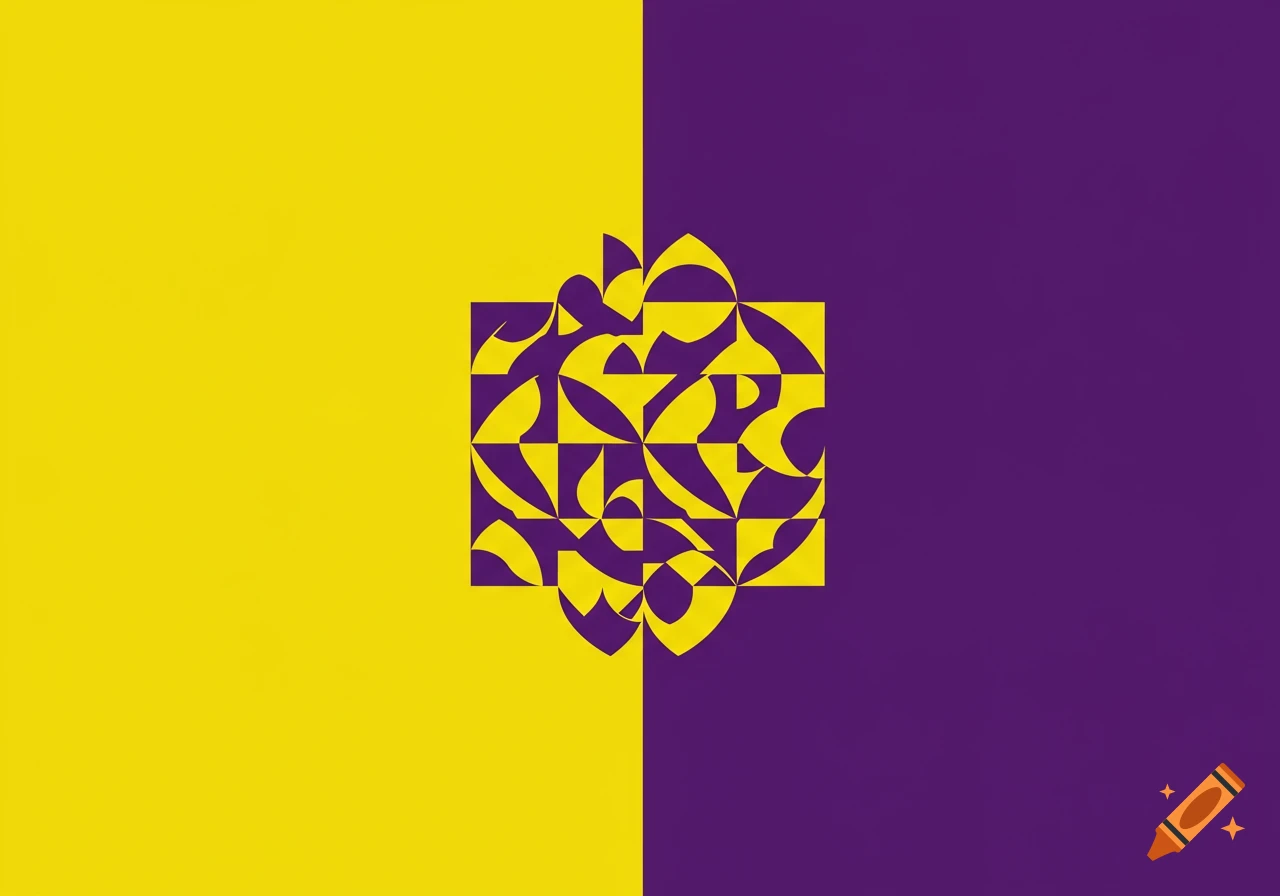 A vertical split background with yellow on the left and purple on the right, featuring a complex abstract geometric pattern in the center using both colors.