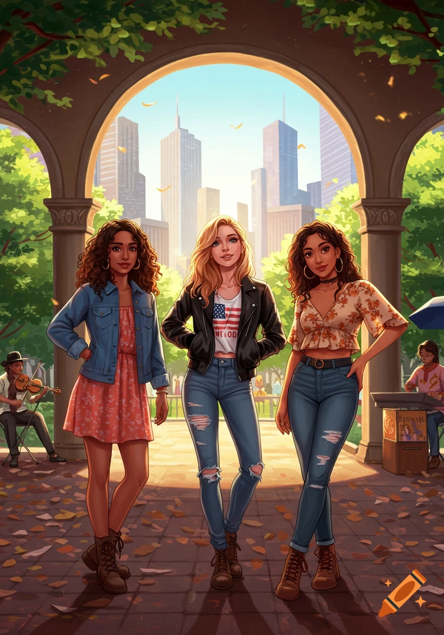 Three young women in modern fashion posing under an archway in a city park with buildings in the background, in an illustrative style.