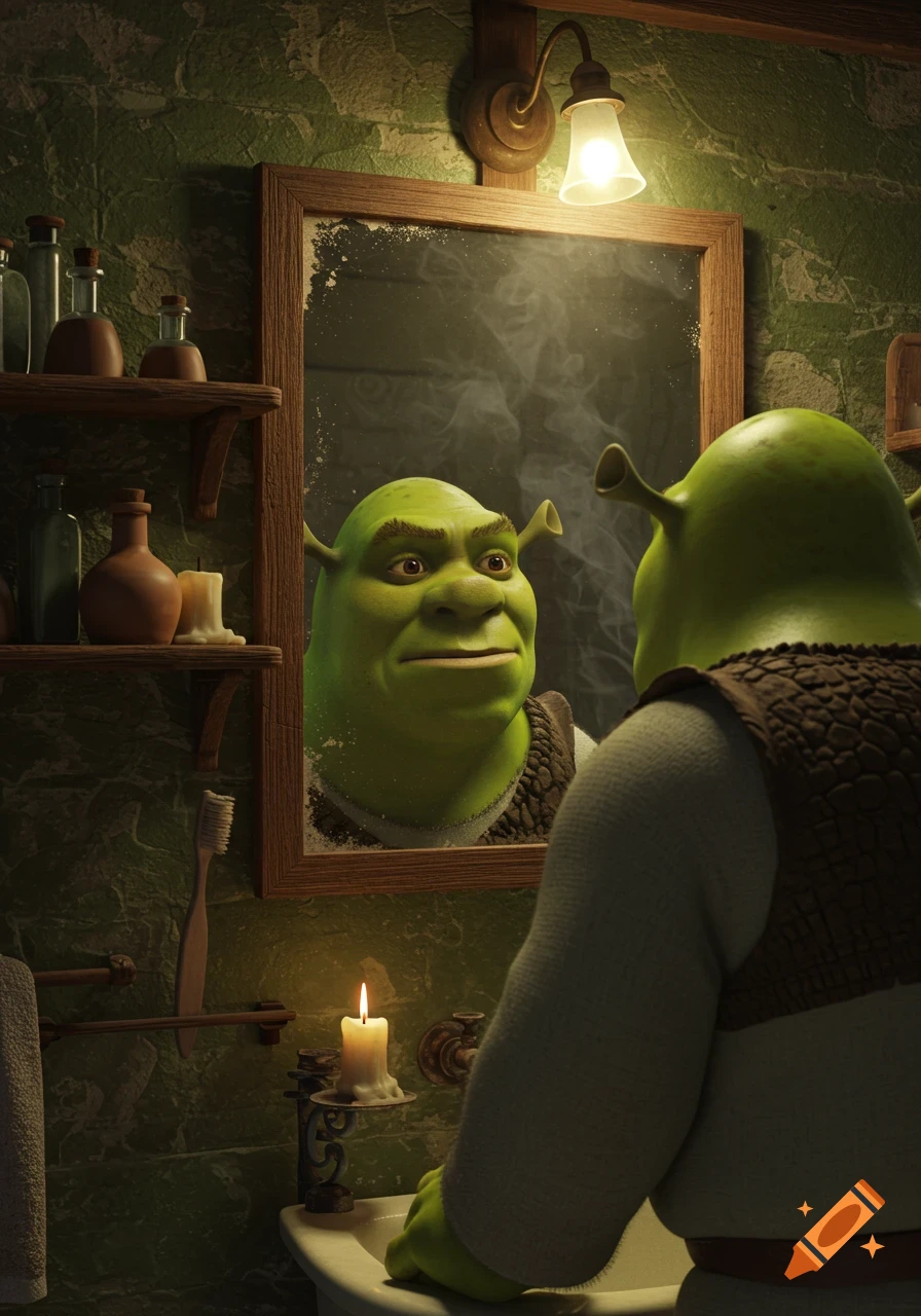 Shrek, a green ogre, looks into a fogged bathroom mirror in a rustic, dimly lit room.