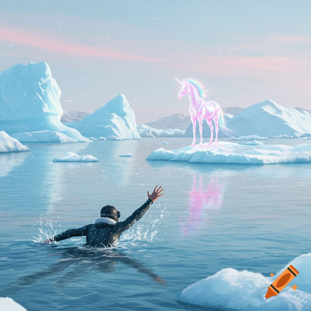 A person in a wetsuit swims towards a glowing pink unicorn on an iceberg in an arctic scene.