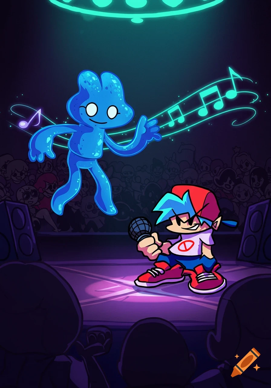 Cartoon art of FNF's Boyfriend singing on a stage, facing a glowing blue blob-like character amidst a cheering audience.