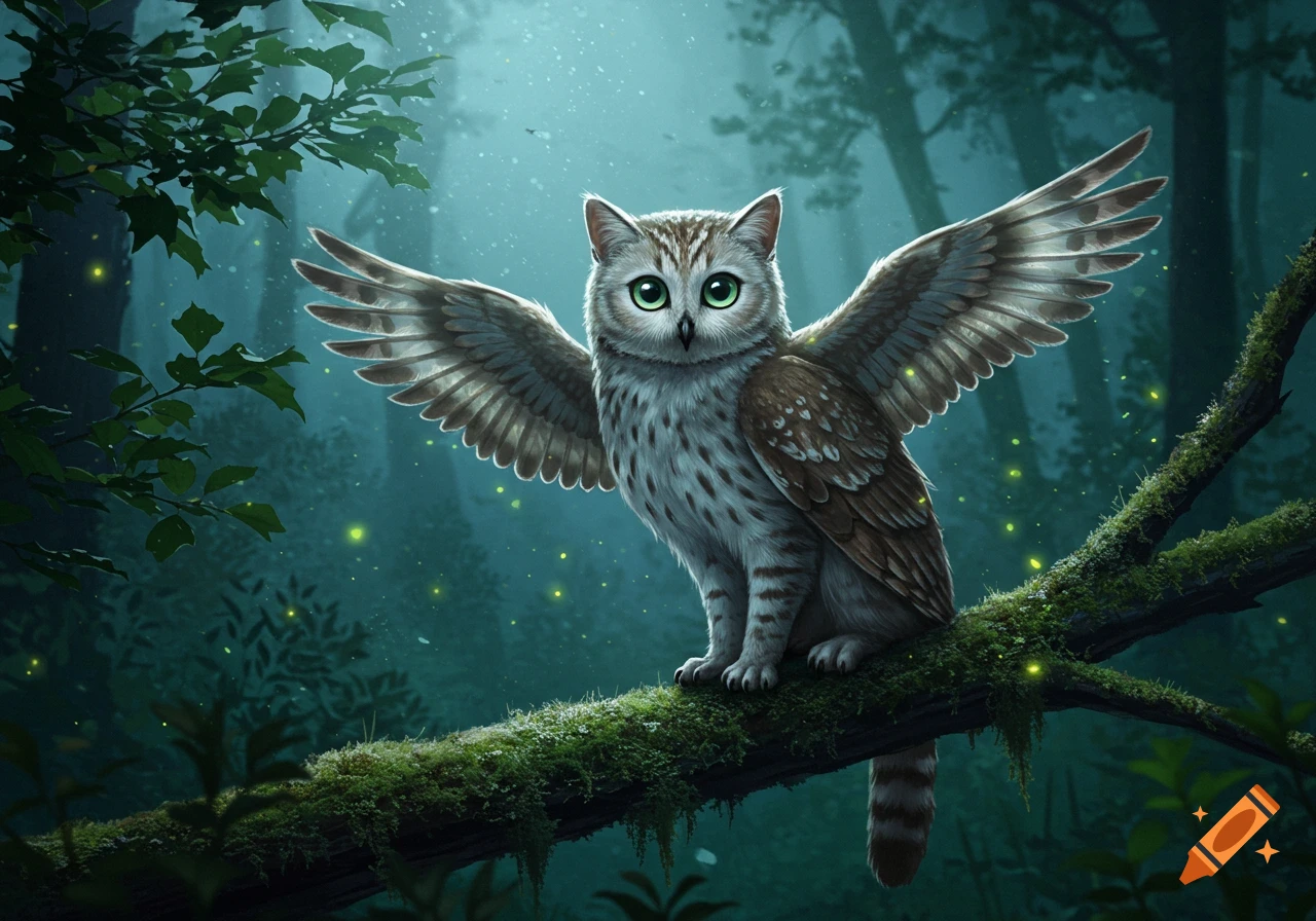 A fluffy owl-cat hybrid with bright green eyes and outstretched wings perches on a mossy branch in a glowing fantasy forest.