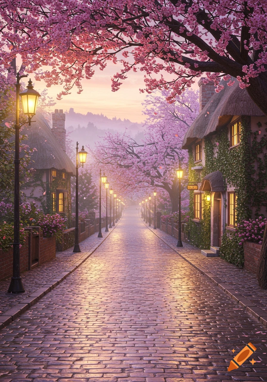 A dreamy street with glowing lanterns, cobblestones, and quaint houses under a canopy of pink cherry blossoms at sunset.