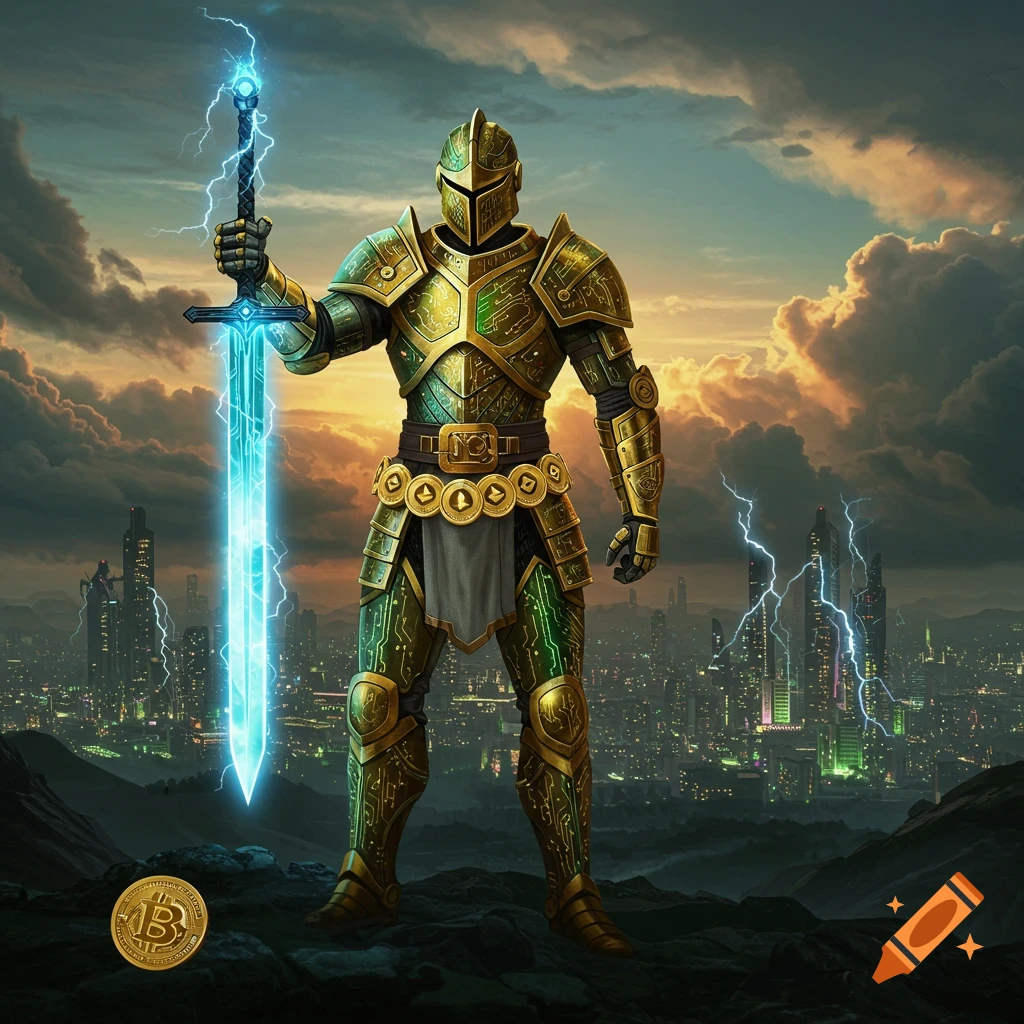 A futuristic knight in green and gold circuit-board armor holds a glowing blue sword, standing on a hill overlooking a cyberpunk city with lightning, next to a Bitcoin coin.