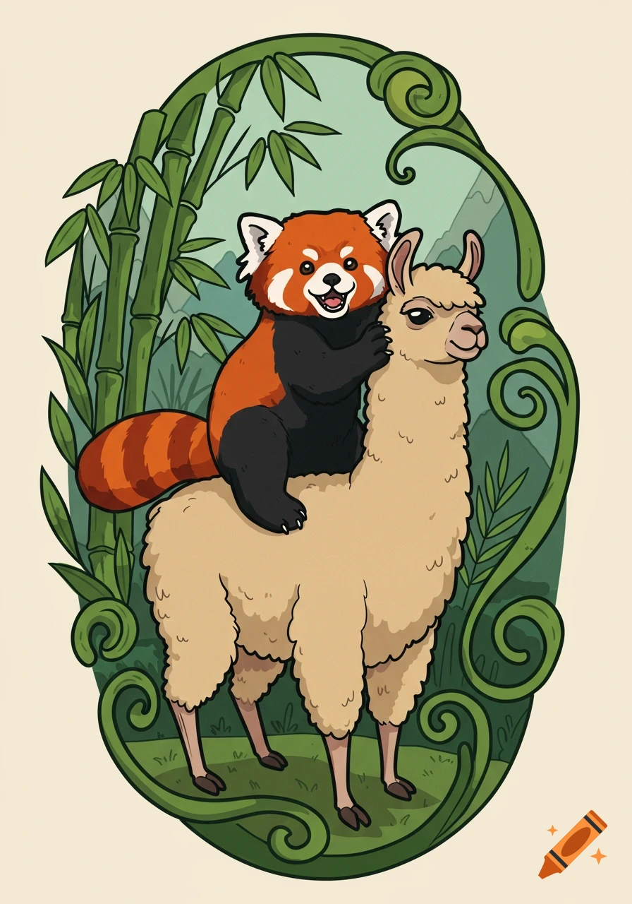 A stylized illustration of a red panda riding a llama, framed by green bamboo and decorative vines.