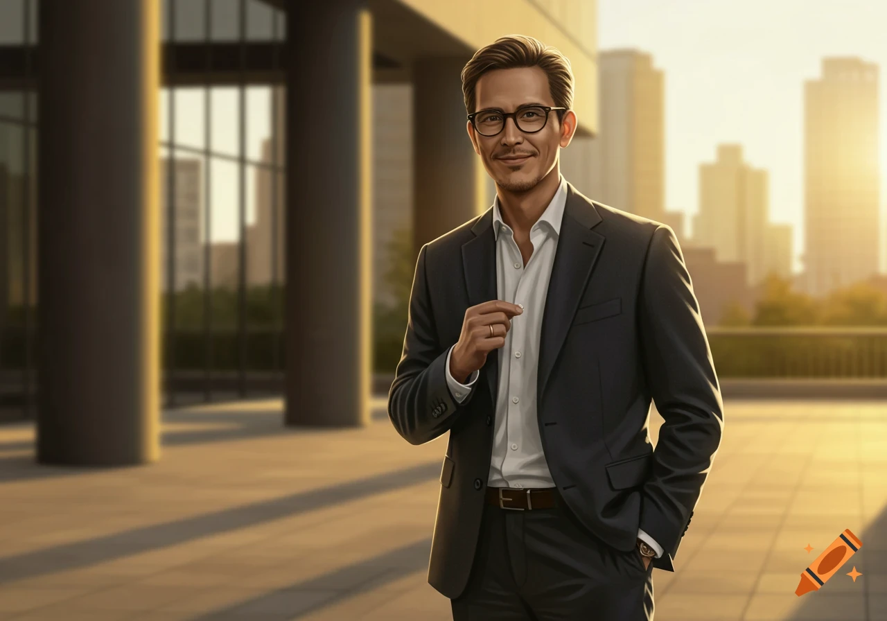 Photorealistic image of a smiling man in a dark suit and glasses, posing outdoors in front of modern buildings at sunset.