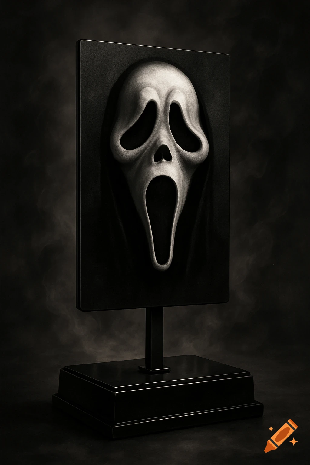 A photorealistic image of a white Ghostface mask on a black display stand against a smoky dark background.