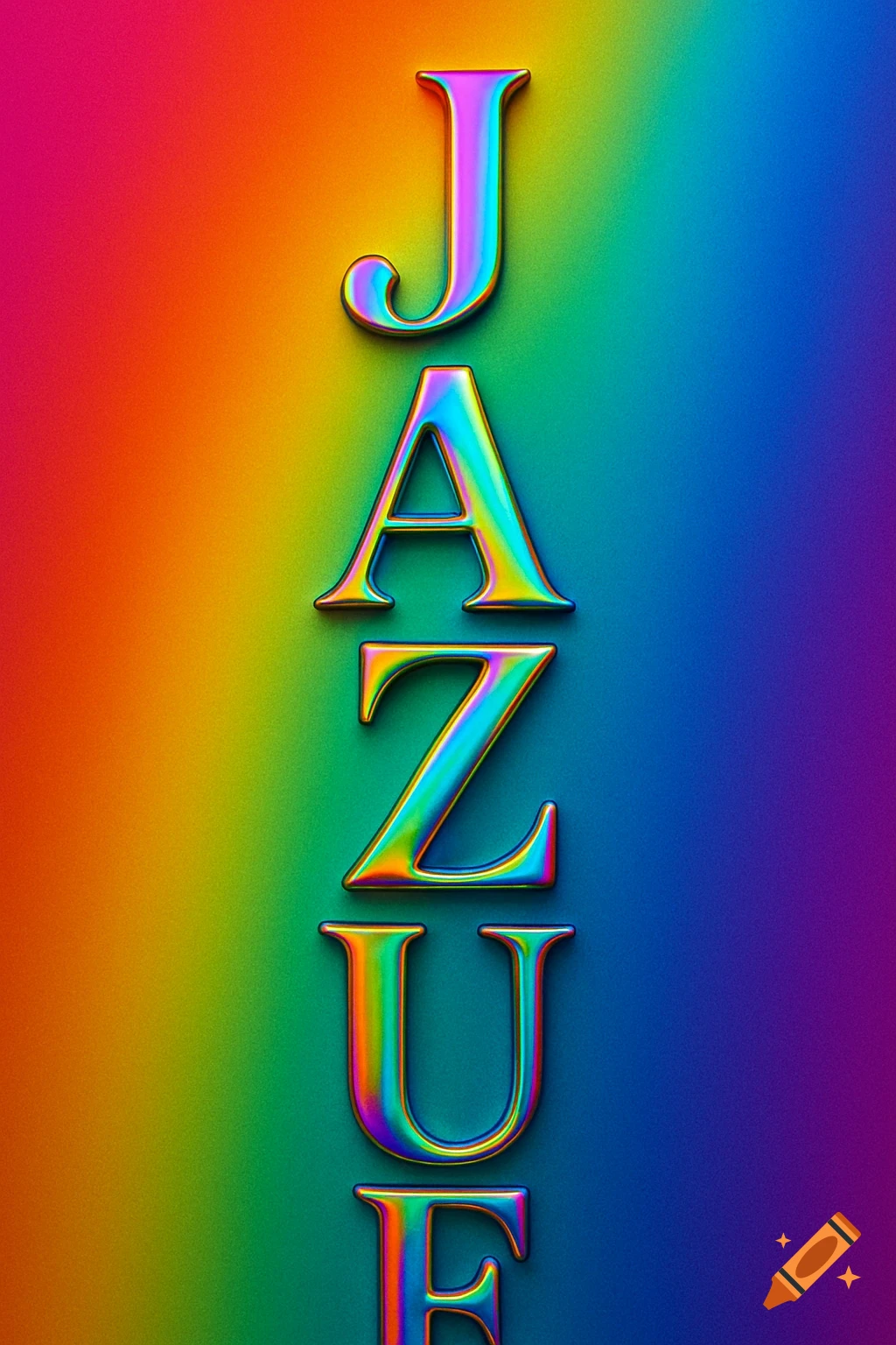 Vertical metallic rainbow letters spelling JAZUF on a colorful rainbow gradient background.