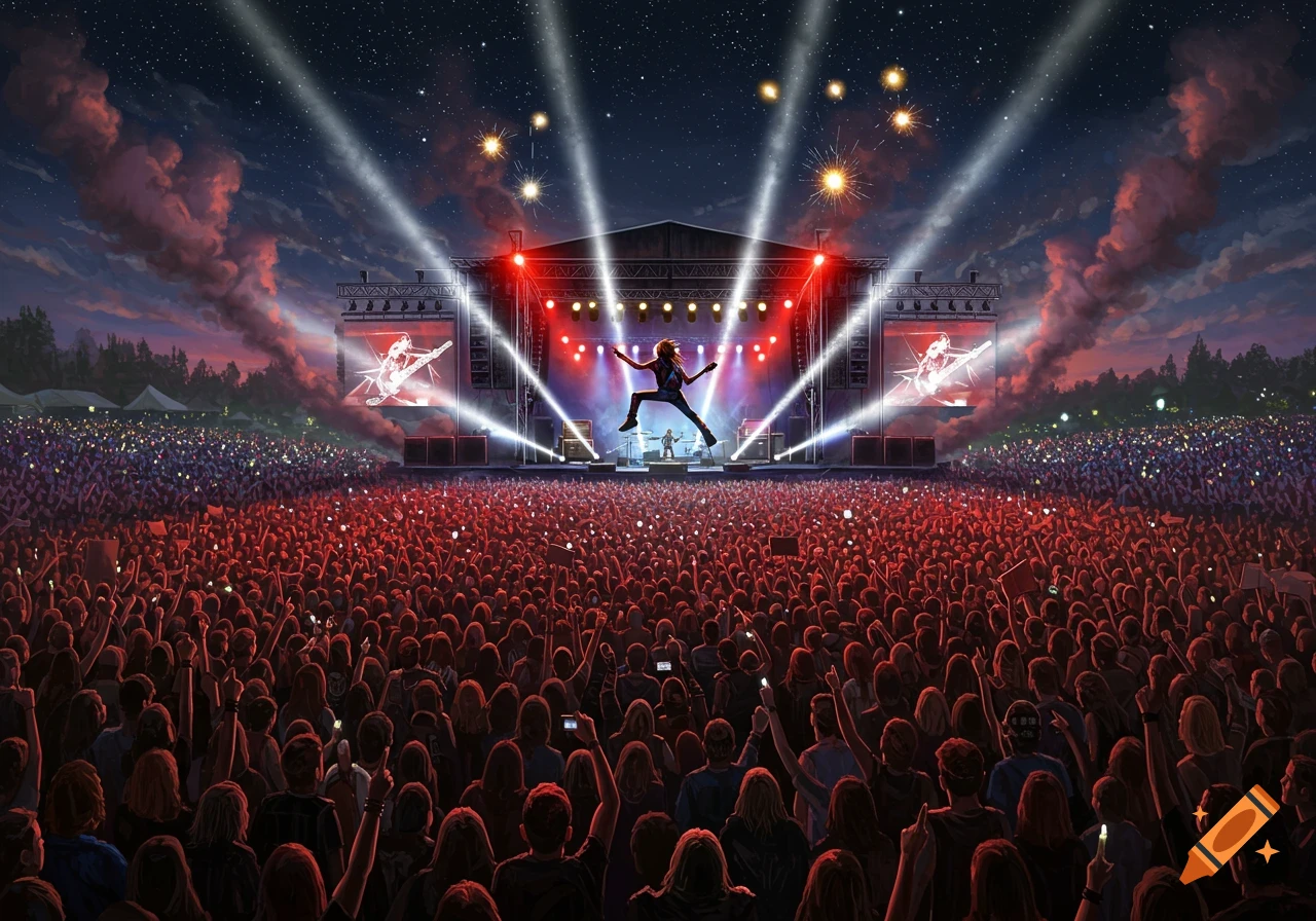 A rock musician jumps on a brightly lit stage at a massive outdoor night concert, with a huge crowd holding lights under a starry sky and fireworks.