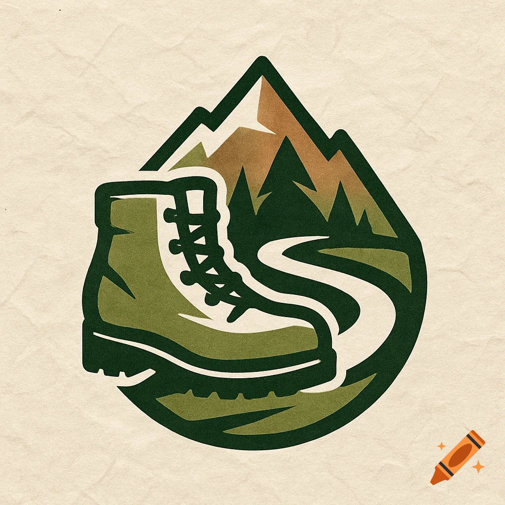 Stylized hiking logo featuring a green boot, brown mountains, and a winding path, all on a textured paper background.