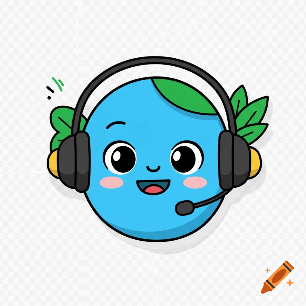 A friendly blue cartoon head with green leaves, wearing a black headset with a microphone, smiling on a transparent background.