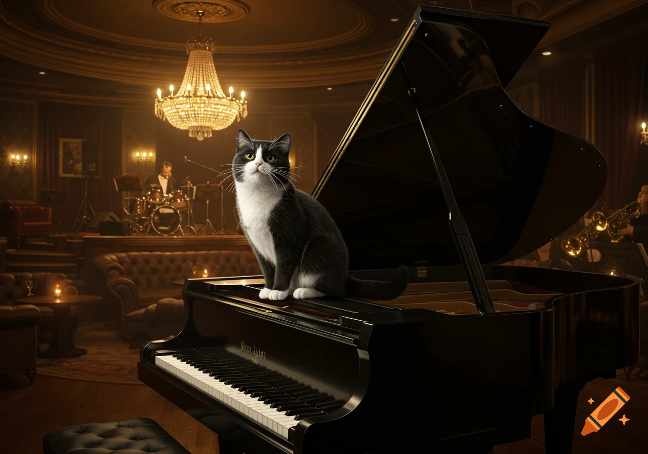 A tuxedo cat sits on a grand piano in a dimly lit, luxurious jazz club with a band playing in the background.
