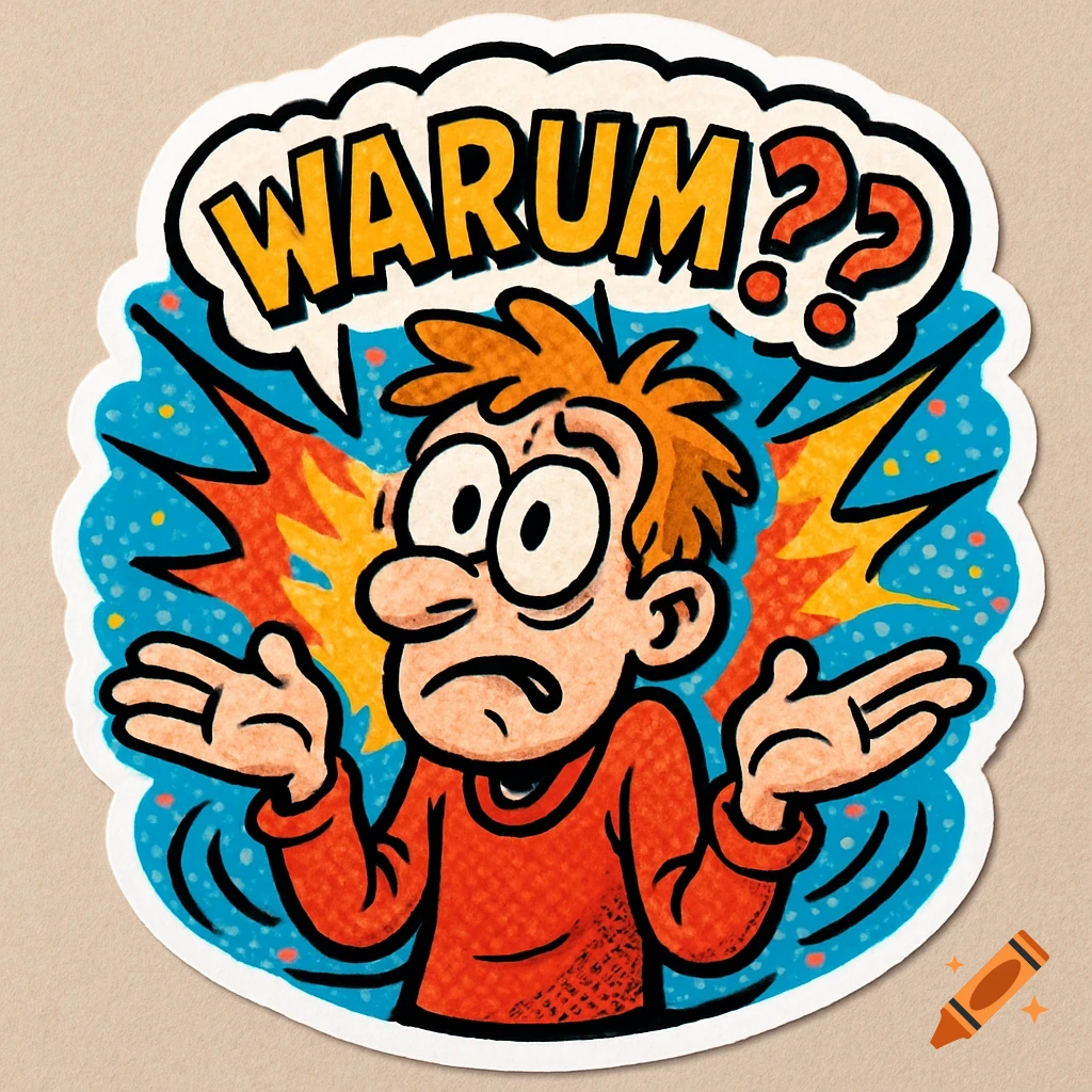 A comic-style sticker of a confused man shrugging, with a speech bubble saying 'WARUM??' (Why??).