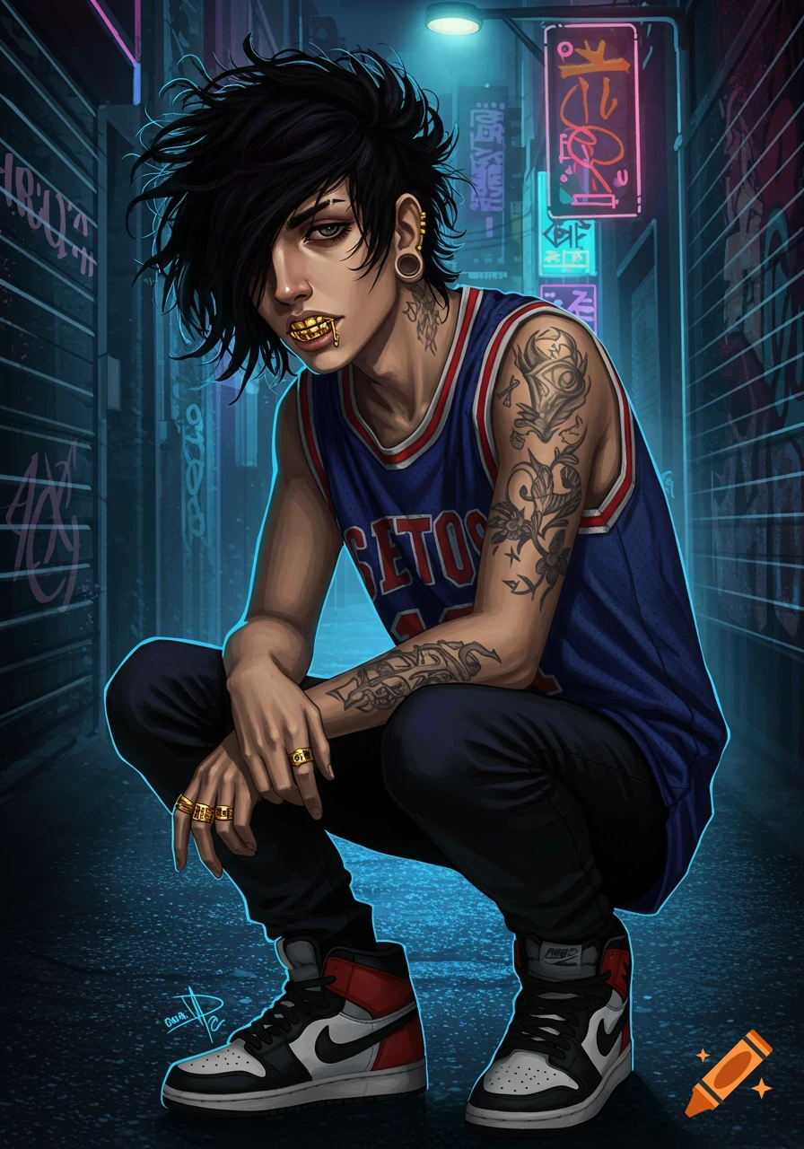 An emo-style person with dark hair, gold grill, and tattoos crouches in a neon-lit alley, wearing a basketball jersey and Nike shoes, digital art.