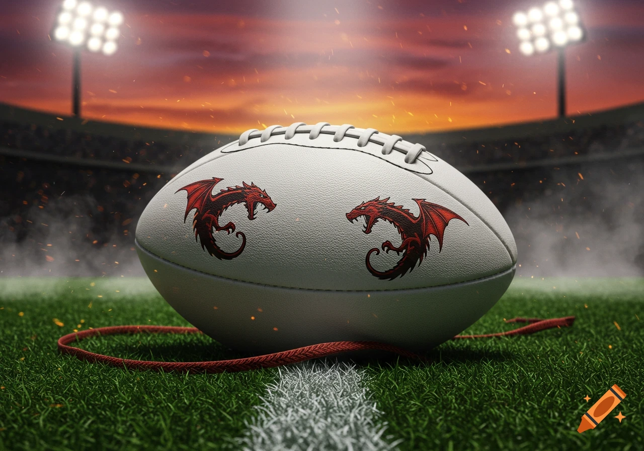 A white football with two red dragon decals sits on a green football field at sunset, with stadium lights in the background.