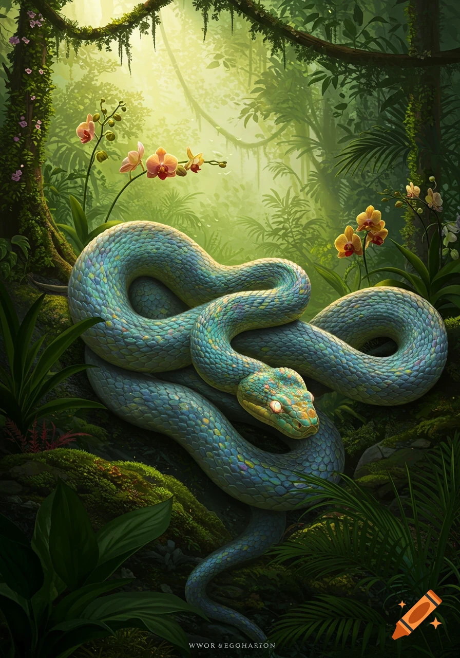 A vivid blue-green snake coiled amidst lush, sunlit jungle foliage with pink and yellow orchids.