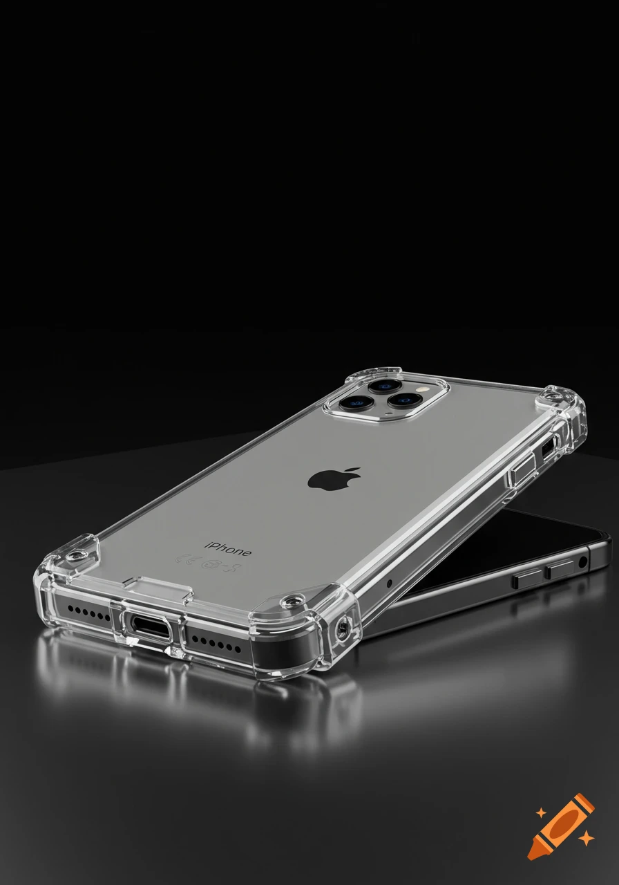 A photorealistic image of a clear shockproof case on an iPhone, showcasing its bumper corners and camera lenses, against a dark background.