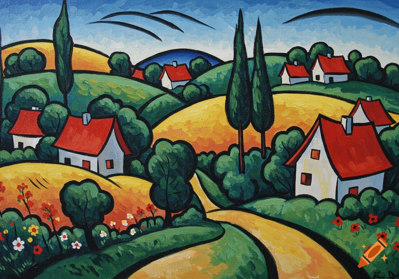 A colorful landscape painting of a village with red-roofed houses, green hills, cypress trees, and a winding path, in an early Kandinsky style.