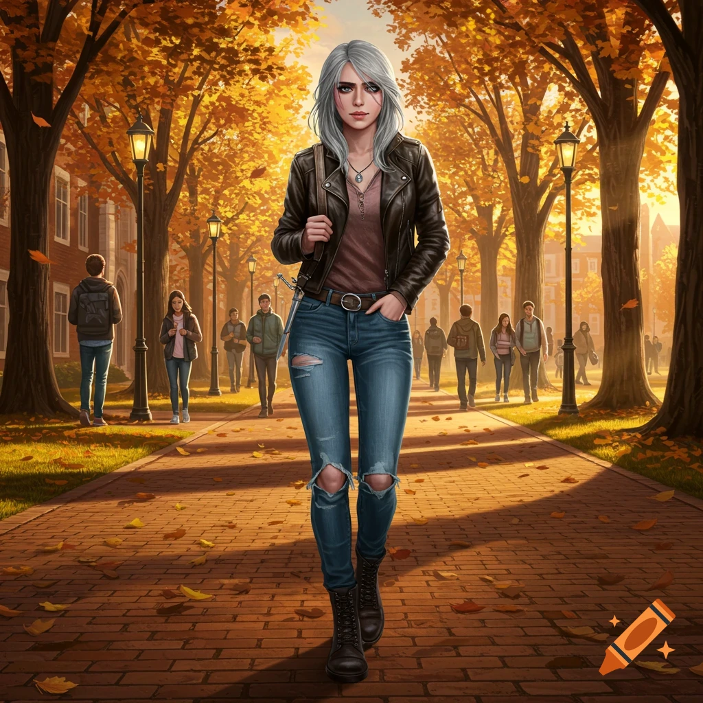 A digital painting of a young woman with silver hair, wearing a leather jacket and ripped jeans, walking on an autumn college campus path.