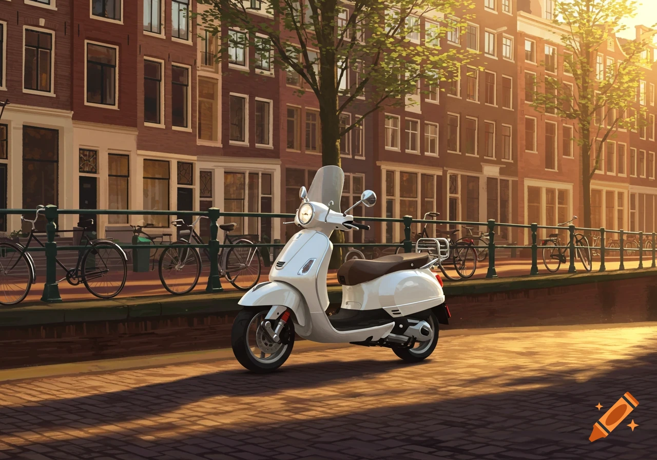White scooter parked on a cobbled street next to a canal with traditional European buildings bathed in warm sunlight.