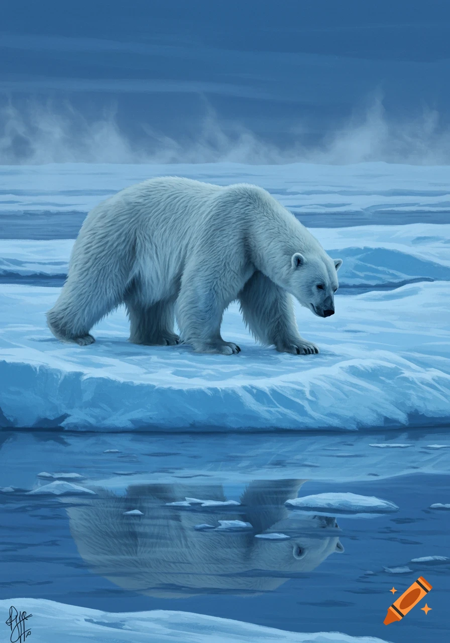 A white polar bear stands on an ice floe, looking down at its reflection in the cold blue water under a cloudy sky.