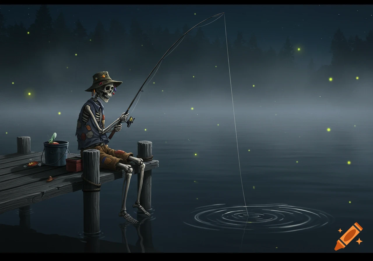 A stylized skeleton in a hat and patched clothes fishes off a misty wooden dock at night, with fireflies glowing around it.