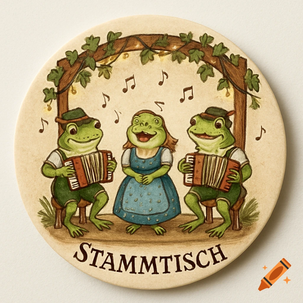 Three happy cartoon frogs in German Lederhosen and Dirndl play accordions and sing on a coaster that says 'Stammtisch'.