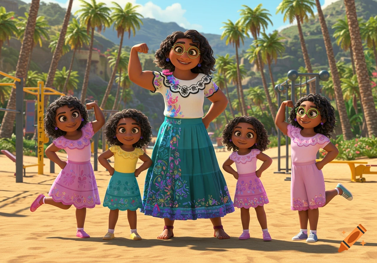 Mirabel's mom and daughters from Encanto flex muscles on a tropical beach, 3D cartoon style.
