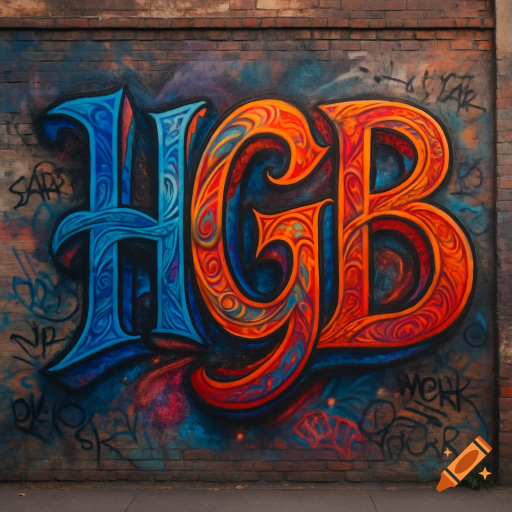 Vibrant graffiti art featuring large, stylized letters HGB on a brick wall.