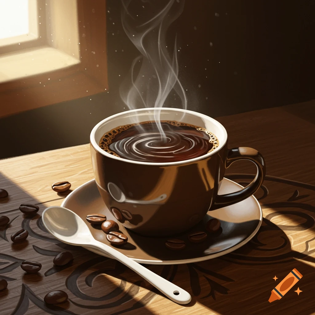 Steaming cup of coffee on a wooden table with scattered beans, bathed in sunlight from a window.