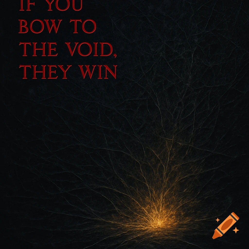 Red text 'If you bow to the void, they win' on a dark, textured background with a golden glow and tendrils at the bottom.
