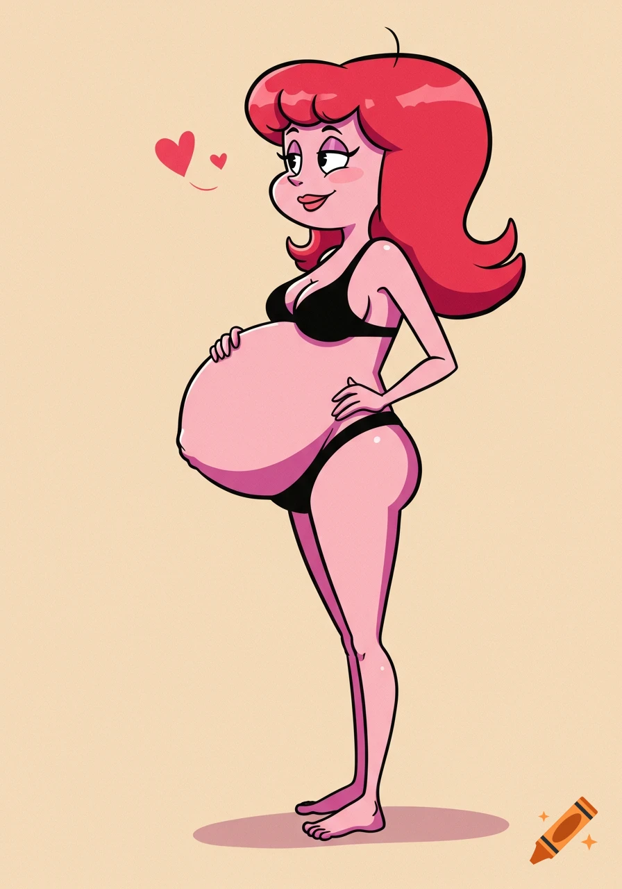 Playful cartoon of a red-haired pregnant woman in a black bikini, smiling and holding her exaggerated belly, with hearts floating.