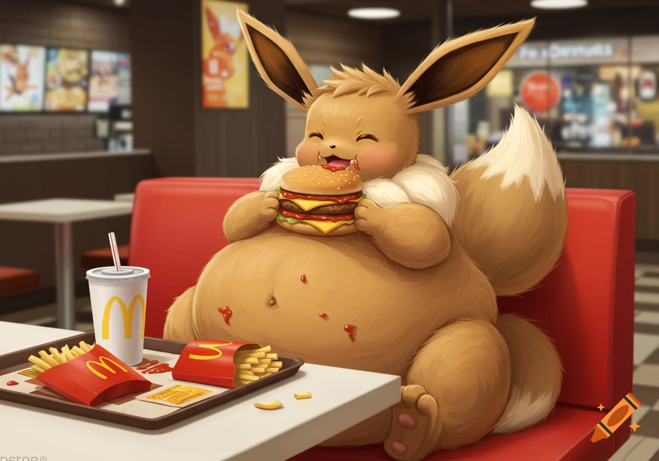 A very plump Eevee happily devours a large burger at a McDonald's, with fries and a soda on its tray, digital art.