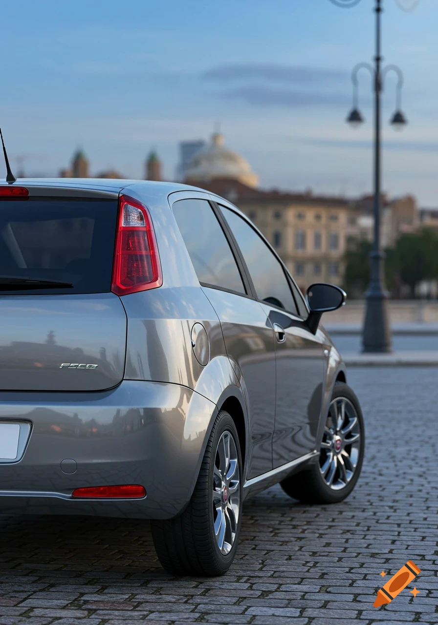 Rear view of a silver hatchback car parked on a cobblestone street in an urban setting with buildings in the background.