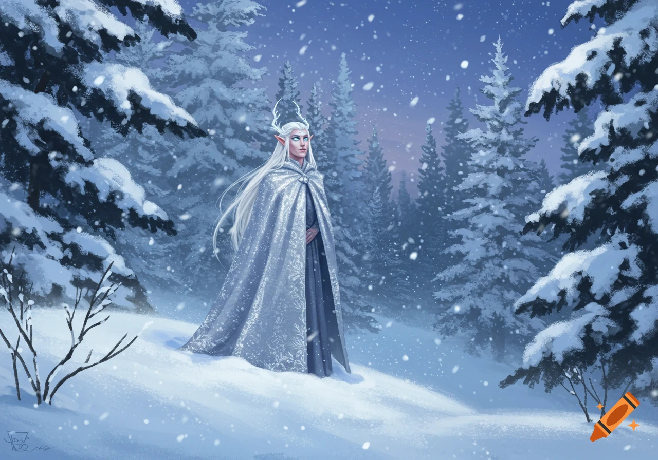 A white-haired elf with glowing antlers stands in a snowy winter forest during a snowfall, wearing a silver cape.
