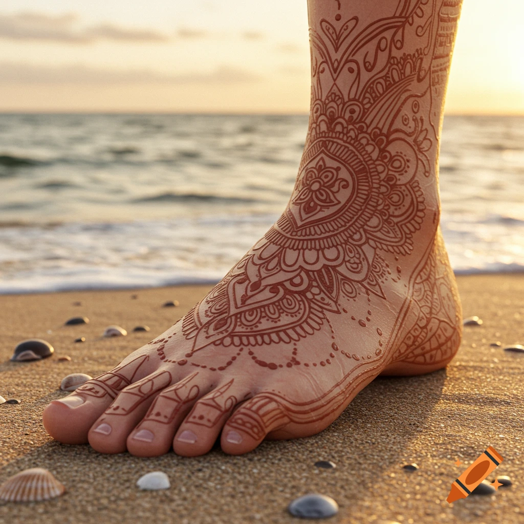 A foot adorned with intricate mehndi designs rests on a sandy beach, with the ocean and a sunset in the background.
