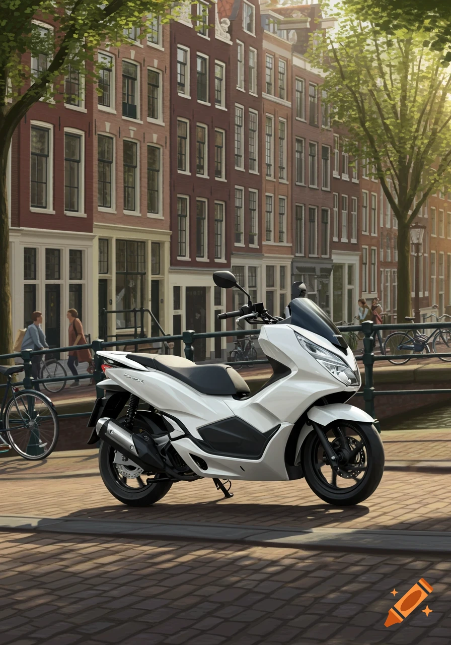 White Honda PCX scooter parked on a cobbled street in Amsterdam with historic canal houses and trees in the background.