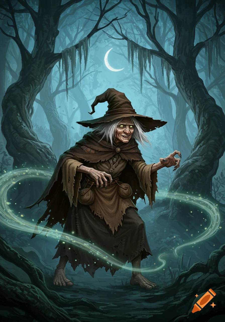 A gnarled old witch with glowing eyes stands in a dark forest under a crescent moon, casting a green glowing spell.