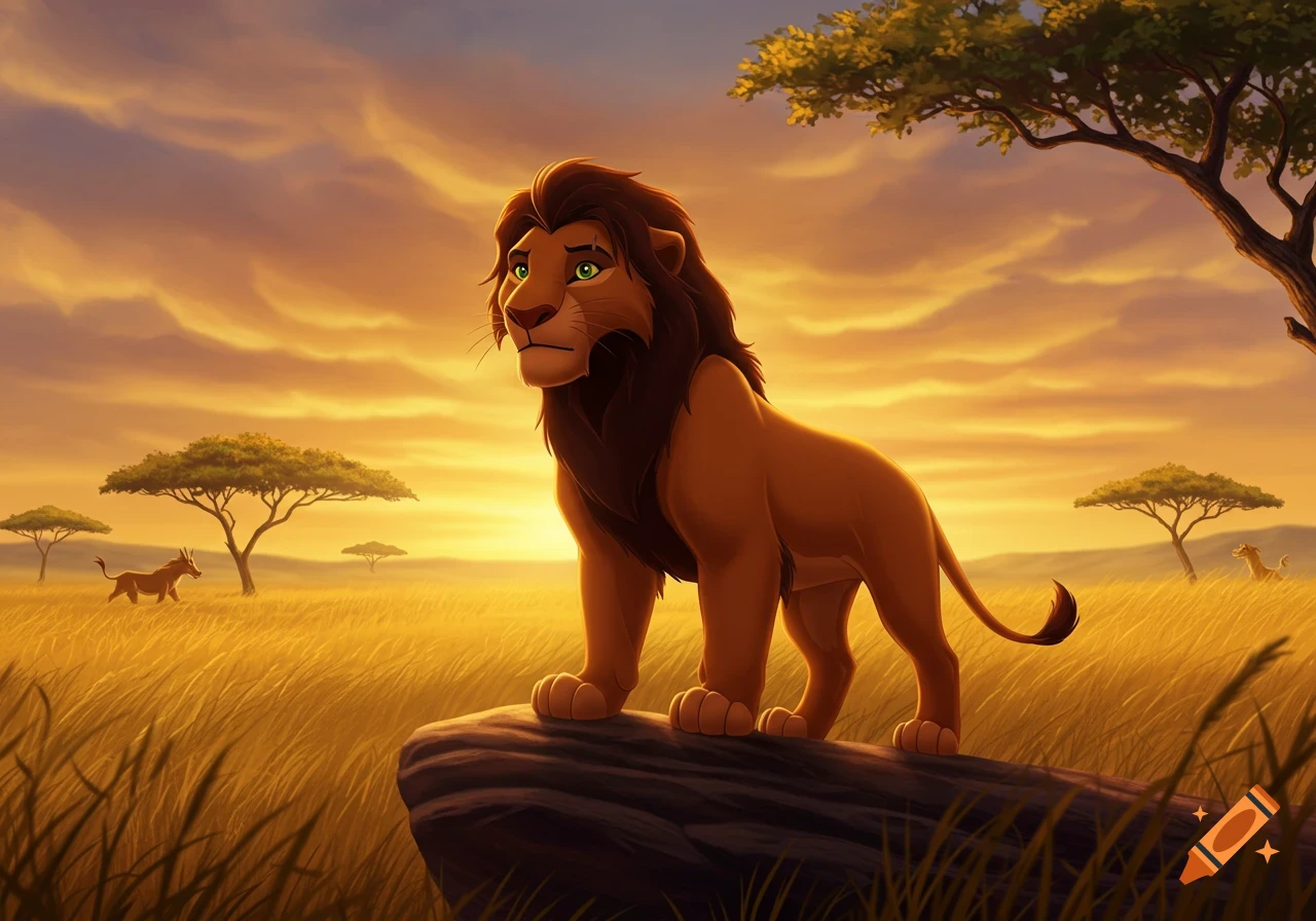 A cartoon lion with a brown mane and green eyes stands on a log in a golden savanna landscape at sunset, with acacia trees.