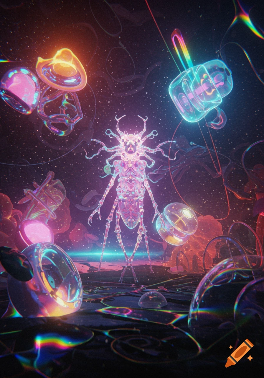 An iridescent, skeletal alien creature stands in cosmic space, surrounded by glowing, translucent, colorful abstract shapes.