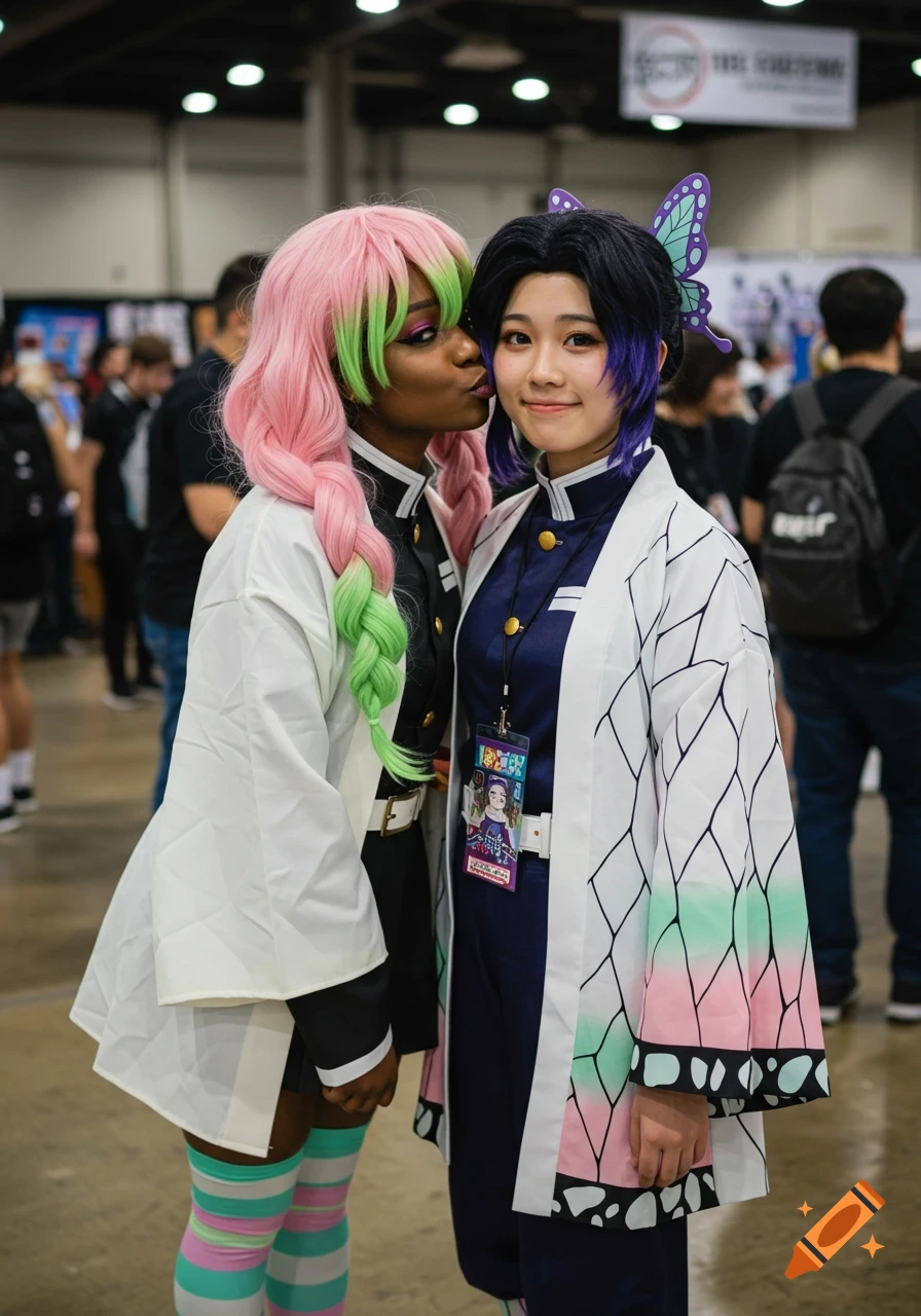 An African American cosplayer dressed as Mitsuri kissing a Japanese cosplayer dressed as Shinobu on the cheek at a convention.