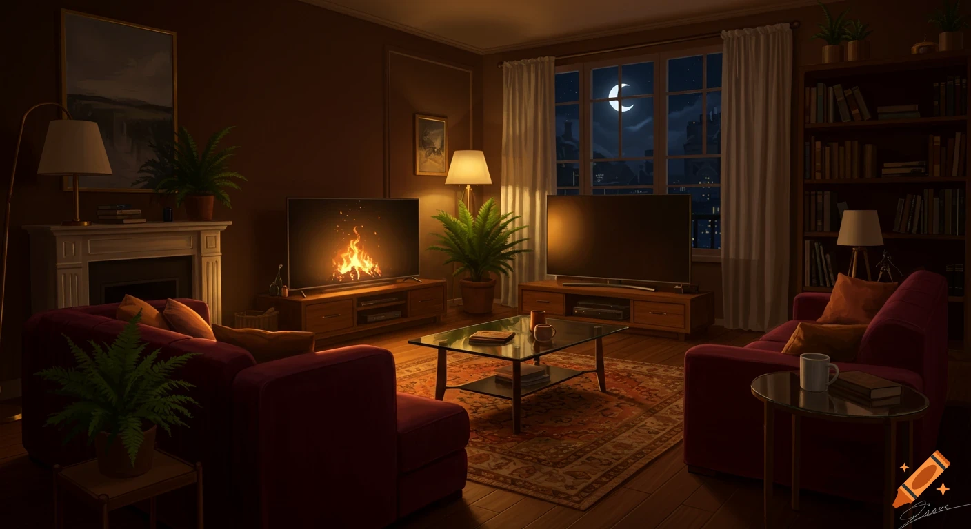 A cozy lounge room at night with two TVs, one showing a fireplace, and a large window looking out at a city skyline under a crescent moon.