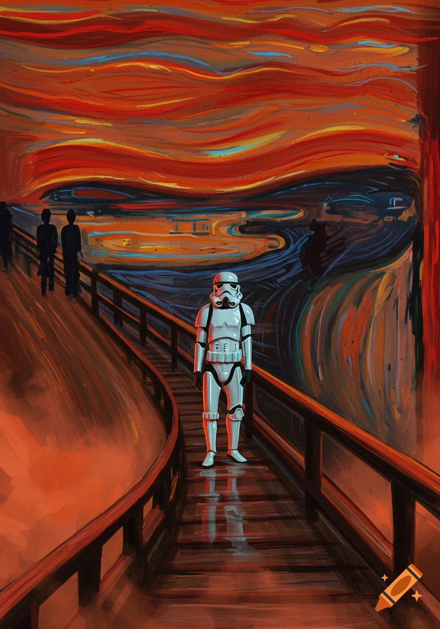 A Stormtrooper stands on a bridge in an expressionist painting reminiscent of Edvard Munch's The Scream.