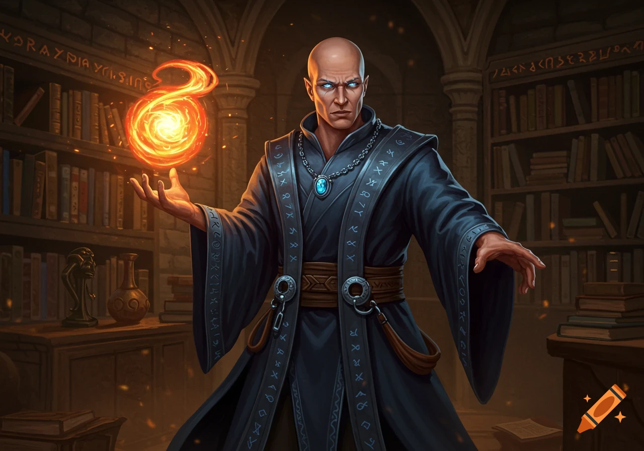 A bald male wizard with glowing blue eyes, wearing dark robes, conjures a swirling orange fireball in a dimly lit, ancient library.
