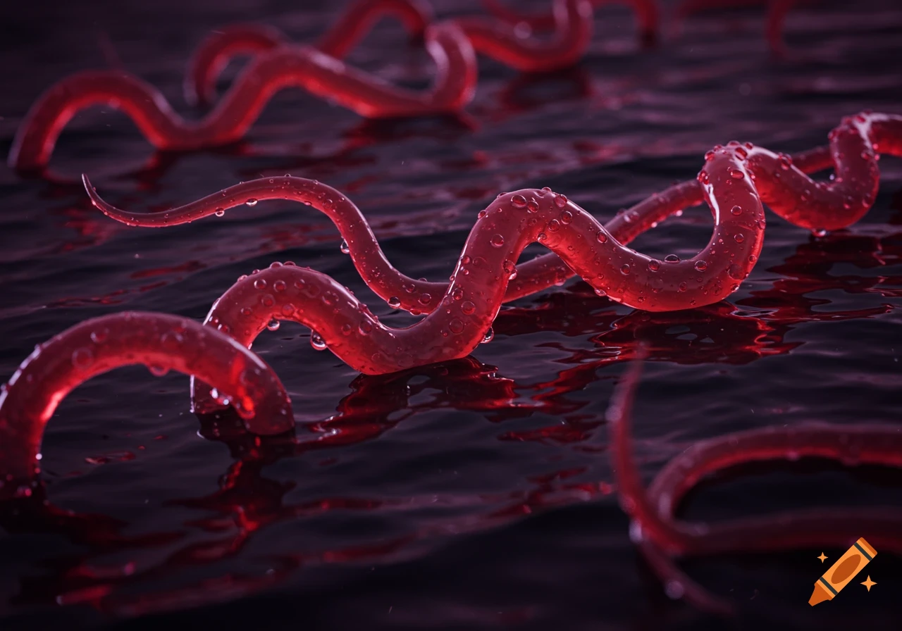 Close-up of slimy red tentacle-like organisms with droplets, partially submerged in dark red liquid.