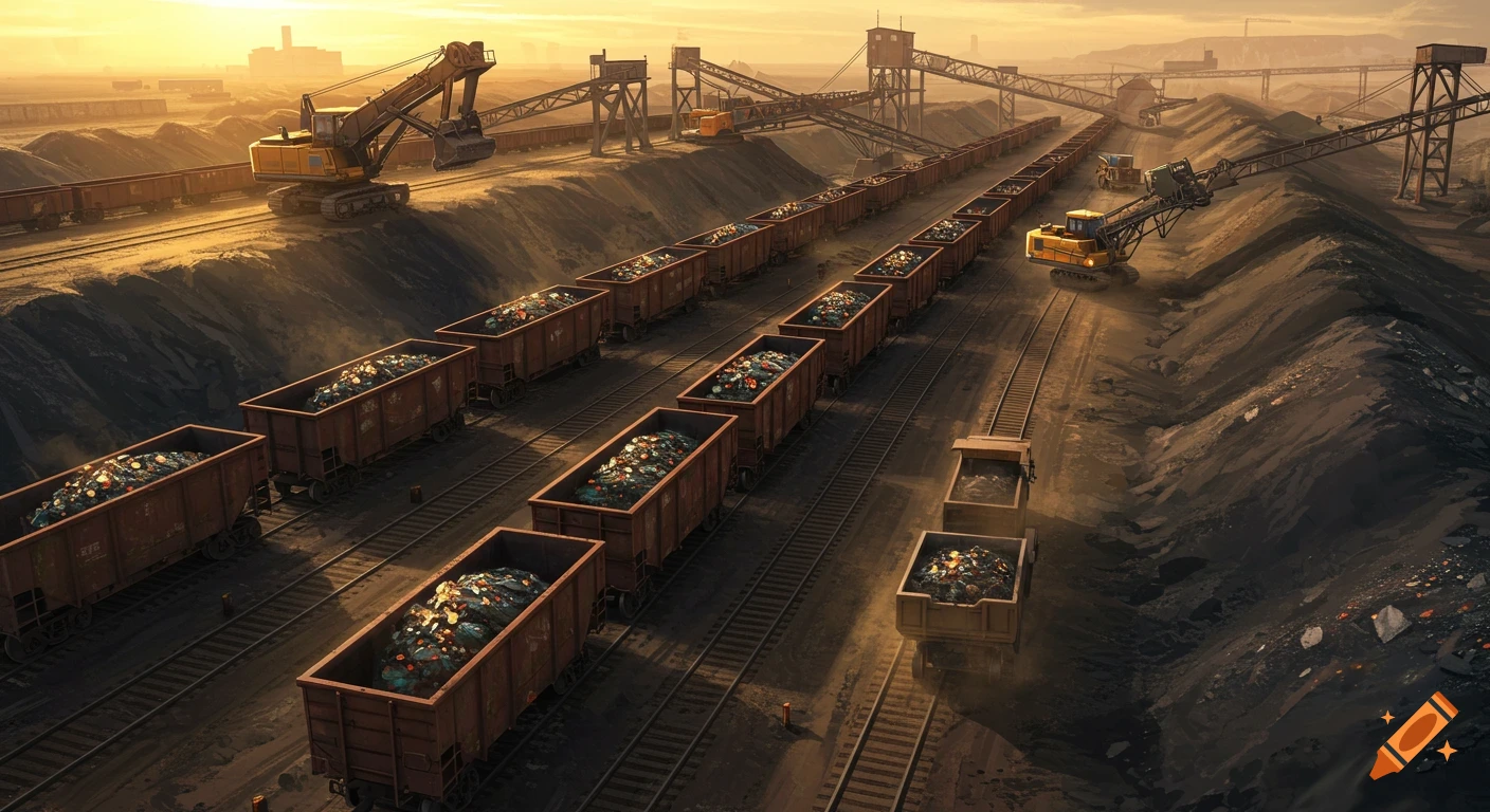 An aerial view of an industrial mining terminal at sunset, with long trains filled with minerals on multiple tracks, large excavators, and conveyor belts.